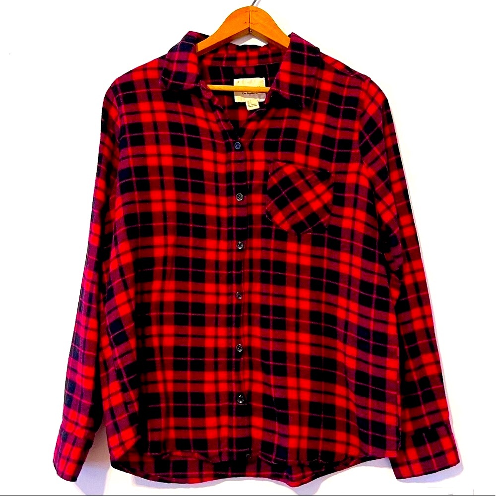 🌹3/20 forever 21 plaid flannel button down shirt Large Black/red